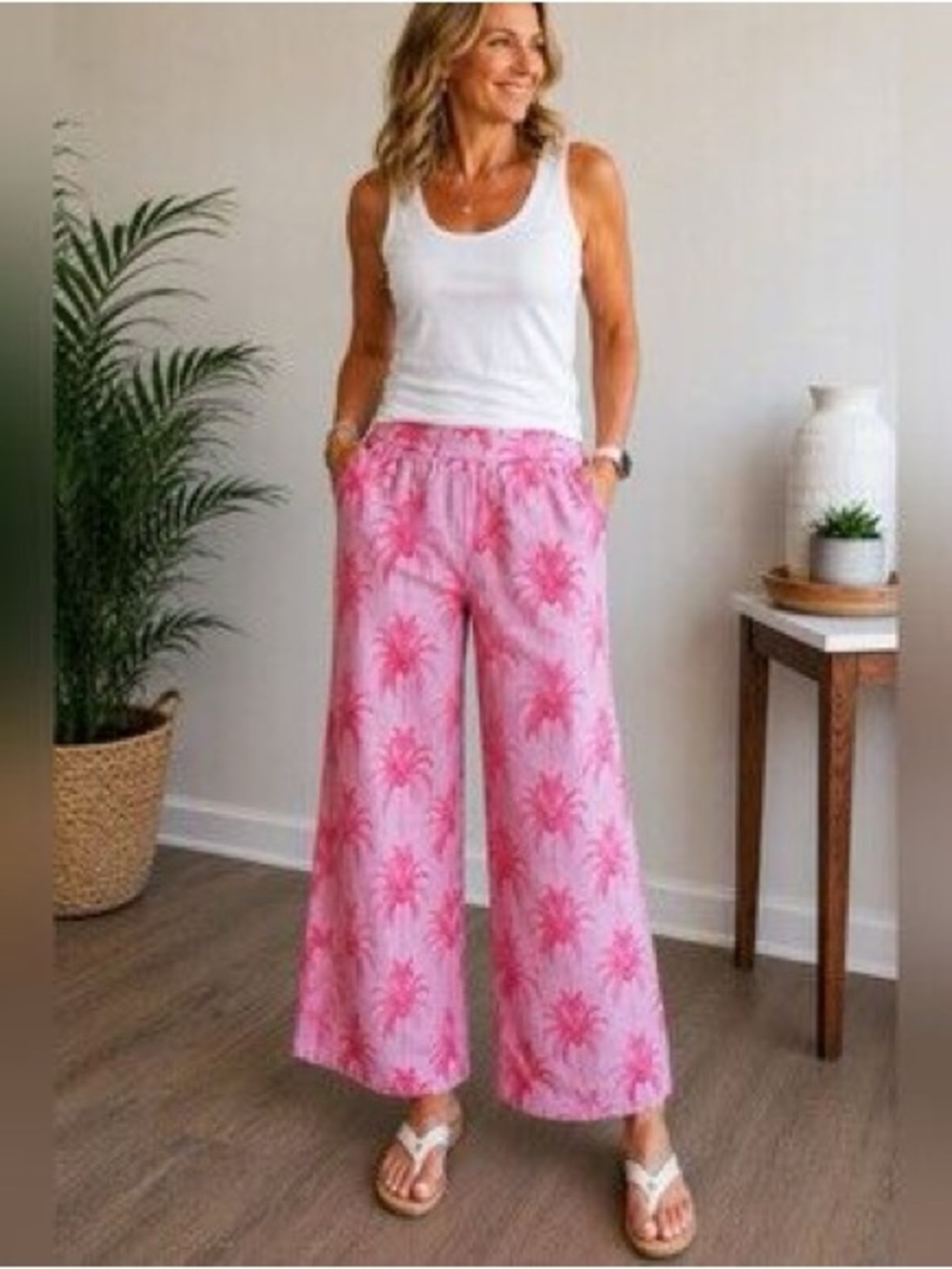 Tahari linen Wide-Leg Pink Palm Print Women's Pants